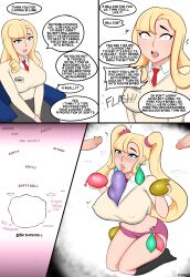  abarus absurdres alternate_hairstyle before_and_after bimbofication blonde_hair blue_eyes brain_drain breasts comic condom da_janitor_(manipper) dialogue erect_nipples femsub happy_trance huge_breasts penis text twintails used_condom 
