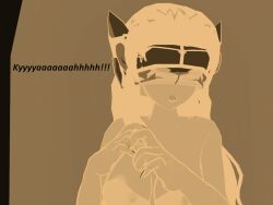 3d blue_hair cleavage dark_skin exposed_chest flamekin inverted_colors long_hair tech_control text visor