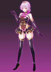 aura bangs bare_shoulders blush boots collar crotch_tattoo cuffs empty_eyes female_only femsub gloves gradient_background hair_ornament high_heels jewelry leotard looking_at_viewer lukazyx miniskirt navel opera_gloves original pink_background pink_eyes pink_hair purple_background see-through simple_background skirt smile solo thigh_boots thighhighs tied_hair underwear