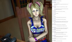 3d blonde_hair blue_eyes breasts caption cheerleader cleavage femsub game_controller juliet_starling large_breasts lollipop_chainsaw maledom poser ridley_(artist) smile source_filmmaker tank_top text