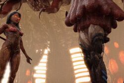 3d ads3d animated animated_gif black_hair bodysuit expressionless glowing_eyes living_costume long_hair orange_eyes original parasite tentacles vore