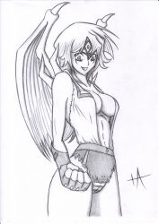 alexis_rhodes alternate_form androgynous_dom bare_shoulders breasts cleavage corruption evil_smile femsub fingerless_gloves gloves greyscale happy_trance horns iashmoreart large_breasts long_hair midriff navel panties possession signature simple_background sketch smile thighs third_eye torn_clothes transformation white_background wings yu-gi-oh! yu-gi-oh!_gx yubel