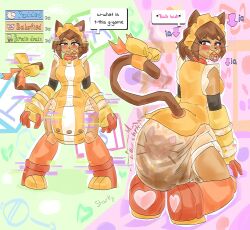  age_regression before_and_after bonnet bow brain_drain brown_hair cat_ears cat_girl collar corruption dark_skin dialogue diaper gameoverse kit_(gameoverse) pacifier ribbon scat sharky_abdl squatting text transformation 