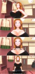 3d absurdres bottomless breasts brown_hair comic custom_maid_3d_2 dialogue eyeshadow female_only femsub hard_translated huge_breasts kamen_writer_mc lipstick makeup nipple_piercing nipples nude purple_lipstick rika_(made_to_order) text topless