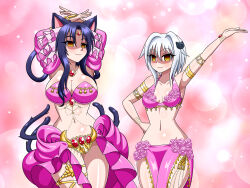 absurdres animal_ears black_hair breasts cat_ears cat_girl dancing empty_eyes female_only femsub happy_trance harem_outfit high_school_dxd jewelry koneko_toujou kuroka_toujou large_breasts navel short_hair sisters small_breasts smile tail white_hair yellow_eyes yensh