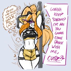 arms_above_head aware blonde_hair blush body_control dancer dancing dialogue english_text fanterfane fayne_(fanterfane) femboy goggles goggles_on_head heart hypnotic_accessory long_hair malesub midriff navel original pole_dancing ponytail shorts solo speech_bubble spiral story symbol text thighs thought_bubble