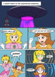  absurdres blonde_hair brown_hair clefla clothed comic crown dialogue dress empty_eyes english_text femsub gloves long_hair nintendo princess princess_daisy princess_peach royalty speech_bubble super_mario_bros. tech_control text ufo 