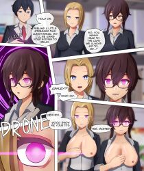  absurdres black_hair blonde_hair blue_eyes breasts breasts_outside brown_eyes brown_hair business_suit comic english_text expressionless femsub glasses glowing_eyes maledom multiple_girls multiple_subs nipples office office_lady original pink_eyes remote_control robot_reporter robotic_trance speech_bubble tech_control text tie undressing 