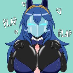 blue_eyes blue_hair bow_tie bunny_ears bunny_girl collar crown cuffs female_only femsub fire_emblem fire_emblem_awakening glowing glowing_eyes hypnovember large_breasts long_hair lucina mask nintendo paizuri persona_(series) persona_5 shadow_bunny usakiki