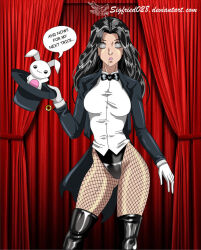 black_hair boots bow_tie breasts dazed dc_comics dialogue drool femsub fishnets gloves hat large_breasts long_hair magician pendulum sigfried028 spiral_eyes stage_hypnosis super_hero symbol_in_eyes text zatanna_zatara