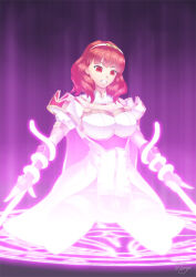 breasts celica_(fire_emblem) corruption empty_eyes female_only femsub fire_emblem fire_emblem_echoes gloves glowing gradient_background hadant kneeling large_breasts magic magic_circle nintendo opera_gloves red_eyes signature simple_background solo sword tentacles thighhighs weapon