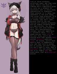  absurdres animal_ears arknights bangs bare_shoulders blakiee_(manipper) boots budesonide caption cat_ears cat_girl cleavage clothed_exposure collarbone corruption crossed_legs crotch_tattoo erect_nipples_under_clothes eyebrows_visible_through_hair female_only femdom femsub finger_to_mouth frostleaf_(arknights) gloves happy_trance headphones jacket long_hair manip navel pov pov_sub purple_eyes pussy_juice silver_hair standing tail text thighhighs 