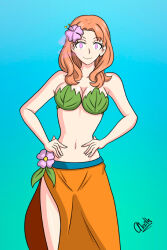 alerith alternate_costume annette_fantine_dominic bare_legs bare_shoulders breasts cleavage dancer dancing empty_eyes female_only femsub fire_emblem fire_emblem_three_houses flower flower_in_hair hand_on_hip happy_trance hypnotic_plant long_hair looking_at_viewer midriff navel nintendo orange_hair pheromones pink_eyes smile thighs