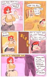  breasts comic femsub glowing_eyes huge_breasts large_hips lipstick maledom milf moessins mother_and_son red_hair short_hair short_shorts text weight_gain 