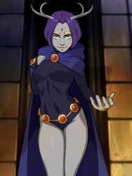 bare_legs dc_comics demon_girl dreadful_exmile female_only femsub grey_skin horns leotard looking_at_viewer multiple_eyes possession purple_hair raven short_hair super_hero teen_titans yellow_eyes
