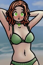  absurdres ahoge armpits arms_above_head bikini blush choker cleavage dazed empty_eyes expressionless female_only femsub glowing_eyes green_eyes httpwwwcom hypnotic_accessory large_breasts long_hair navel orange_hair original simple_background sketch solo standing wide_hips 