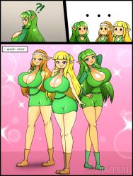  age_progression ass ass_expansion bimbofication blonde_hair breast_expansion breasts character_request comic elf_ears fado female_only femsub green_hair huge_breasts looking_at_viewer nintendo ocarina_of_time orange_hair saria text the_legend_of_zelda thegxjudgement thighhighs 