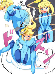 artist_request blonde_hair blush bodysuit breasts cameltoe cappy evil_smile fart happy_trance huge_breasts large_ass large_breasts latex legs metroid_(series) nintendo ponytail possession samus_aran sequence smile spread_legs super_mario_bros. super_mario_odyssey text thick_thighs translation_request wario zero_suit
