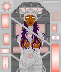 breasts cables dark_skin expressionless female_only femsub helmet large_breasts long_hair purple_hair robotization solo standing standing_at_attention tech_control topless transformation voyer whitewash_eyes