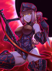 alternate_costume aura body_markings breasts cap clothed corruption expressionless eye_color_change facial_markings fate/grand_order fate_(series) femsub florence_nightingale glowing glowing_eyes gun hair_color_change knife large_breasts leebigtree pink_hair thighhighs thighs weapon yellow_eyes