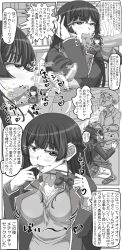  black_hair blush breasts censored comic fellatio glasses greyscale heterosexual hyouik large_breasts long_hair penis possession school_uniform smile text tongue tongue_out translated 