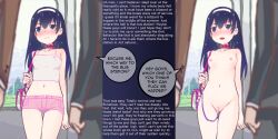  altered_perception blue_eyes blue_hair blush bottomless breasts caburi_aki caption collar drool exhibitionism femsub hair_band heart heart_eyes long_hair manip nude open_mouth pompom_(manipper) sex_toy short_shorts small_breasts symbol_in_eyes text topless unaware vibrator 