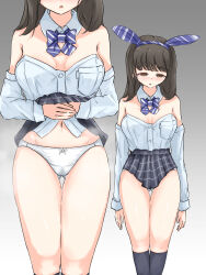  before_and_after blush bow bow_tie breasts brown_eyes brown_hair bunny_ears bunny_girl bunnysuit cleavage clothed clothed_exposure collar comic empty_eyes expressionless female_only femsub hair_ornament hairband legs midriff nagi navel open_mouth original panties pussy_juice ribbon school_uniform shirt_lift simple_background skirt skirt_lift socks standing thighs unaware underwear undressing undressing_command 