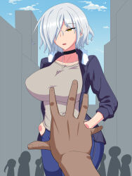  artist_request breasts choker cleavage collarbone comic empty_eyes expressionless femsub huge_breasts jacket jeans maledom necklace open_mouth orange_eyes otokogirai_no_lesbian_ni rei_kamishiro thick_thighs white_hair 