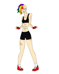 absurdres black--wave blush body_writing fingerless_gloves gloves happy_trance light_skin multicolored_hair my_little_pony open_mouth pink_eyes rainbow_dash rainbow_hair short_hair smile text tongue tongue_out underwear