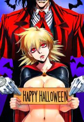 ai_art alucard_(hellsing) black_hair blonde_hair cape dazed drool english_text fangs femsub gloves glowing_eyes halloween hellsing hellsing002_(generator) maledom navel nipples seras_victoria sharp_teeth vampire