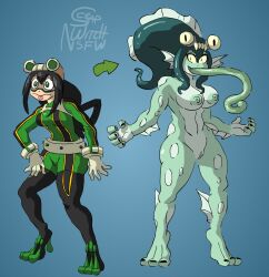 before_and_after black_hair bottomless breasts discolored_nipples female_only frog_girl large_breasts long_hair looking_at_viewer my_hero_academia non-human_feet nude open_mouth scrapcorcist solo tongue tongue_out topless transformation tsuyu_asui