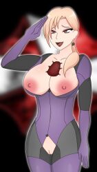  blonde_hair bodysuit breasts capcom corruption female_only femsub happy_trance hypnotic_accessory jill_valentine long_hair midnightren open_clothes open_mouth p30 ponytail red_eyes resident_evil resident_evil_5 smile solo tech_control 