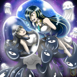 alternate_hair_color androgynous_dom aura bare_legs bare_shoulders barefoot binaba black_hair blonde_hair blush corruption evil_smile eye_color_change femsub floating glowing happy_trance jellyfish lillie_(pokemon) lusamine mother_and_daughter multicolored_hair nihilego nintendo parasite pokemon pokemon_(creature) pokemon_sun_and_moon ponytail possession smile very_long_hair yellow_eyes