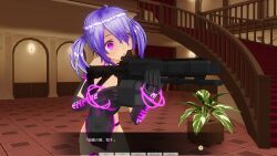  3d ahoge breasts custom_maid_3d_2 dialogue empty_eyes expressionless female_only femsub gloves glowing gun japanese_text large_breasts opera_gloves original pink_eyes purple_hair solo swallow774 swimsuit tech_control translation_request twintails weapon 