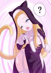  artist_request blonde_hair blue_eyes cat_girl cat_pose clothed confused fangs female_only femsub gloves heart_eyes hood lingerie long_hair looking_at_viewer nun open_mouth original side_slits solo spiral_background symbol_in_eyes tail uniform wide_hips 