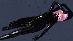  3d bodysuit catsuit custom_maid_3d_2 drone empty_eyes erect_nipples erect_nipples_under_clothes face_mask feet female_only femsub happy_trance latex looking_at_viewer lying on_back pink_hair purple_eyes rubber scmomoka1 short_hair solo 