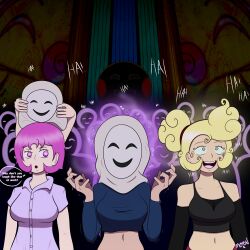 before_and_after blonde_hair cult femsub green_eyes happy_trance hypnotic_accessory laughing m00n_key mask mass_hypnosis mob_psycho_100 multiple_girls navel original pink_eyes pink_hair resisting symbol_in_eyes