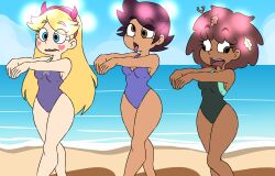  amphibia anne_boonchuy beach blonde_hair blue_eyes brown_eyes brown_hair dark_skin disney drool eye_roll eyebrows_visible_through_hair female_only hair_band lirudraw long_hair luz_noceda one-piece_swimsuit short_hair star_butterfly star_vs_the_forces_of_evil the_owl_house tongue_out unfocused_eyes wall_eyed water zombie_walk 