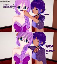 3d blue_eyes braid choker dialogue drool empty_eyes english_text eyeshadow female_only glasses hypnovember koikatsu! liz_b midriff miss_hypnos_(liz_b) nail_polish purple_eyes purple_hair tan_skin text trigger underwear willow_(liz_b)