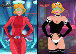 absurdres blonde_hair bodysuit breasts clover consensual empty_eyes female_only femsub large_breasts maid maid_headdress open_mouth supercasket symbol_in_eyes tech_control text thighhighs totally_spies visor western