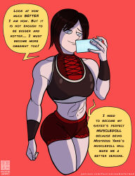  absurdres black_hair collarbone dialogue female_only femdom femsub glowing_eyes gym_uniform happy_trance incest midriff mr_scade multicolored_hair muscle_girl red_hair ruby_rose rwby short_hair short_shorts shorts signature simple_background smile solo speech_bubble spiral_eyes sports_bra standing tagme text 