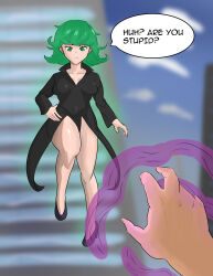  absurdres bangs bare_legs before_and_after coat collarbone comic dialogue femsub fijin green_eyes green_hair high_heels one_punch_man petite pov pov_dom short_hair speech_bubble tatsumaki_(one_punch_man) text unaware 