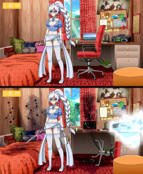 absurdres bed bedroom before_and_after blue_eyes braid breasts chair computer earrings empty_eyes expressionless female_only femsub gloves headphones jewelry laptop long_hair maid maid_headdress midriff miniskirt navel pillow ponytail rwby skirt small_breasts smoke solo standing thighhighs weapon weiss_schnee wet white_hair yensh