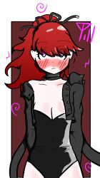 bare_shoulders blush breasts cleavage control_indicator eye_color_change female_only femsub gameplay_mechanics illumina leotard long_hair open_clothes open_mouth persona_(series) persona_5 persona_5_royal pink_eyes ponytail red_hair solo spiral sumire_yoshizawa symbol