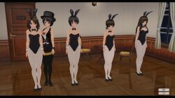  3d animated animated_gif black_hair breasts bunnysuit cleavage clothed cuffs custom_maid_3d_2 dazed fake_animal_ears female_only femdom femsub glowing h-c-m happy_trance hat hypnotized_hypnotist jewelry large_breasts long_hair lying magician multiple_girls multiple_subs necklace open_mouth original short_hair sleep_command smile text tongue 