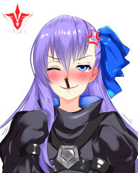 angry blue_eyes blush clothed command_seal eyebrows_visible_through_hair fate/extra_ccc fate/grand_order fate_(series) femsub hair_ribbon hikarikung hypnotic_tattoo long_hair magic maledom meltryllis one_eye_open purple_hair ribbon ritsuka_fujimaru_(male) simple_background smile tears trembling unhappy_trance white_background