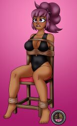 barefoot chair dark_skin eyebrows_visible_through_hair latex one-piece_swimsuit original purple_hair rope signature simple_background spiral_eyes starla_(courierbutterfly) tied_hair