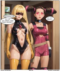  ai_art blonde_hair brown_hair devianbar dialogue empty_eyes femsub kidd_summers large_breasts latex long_hair lusamine nintendo pokemon pokemon:_lucario_and_the_mystery_of_mew short_hair team_hypno team_rocket tech_control text visor 