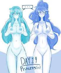 a_singular_fish blue_eyes blue_hair blush breast_grab collar collarbone eirika_(fire_emblem) eyebrows_visible_through_hair female_only femsub fire_emblem fire_emblem_the_sacred_stones happy_trance hypnovember large_breasts legs long_hair looking_at_viewer multiple_girls multiple_subs navel nipples presenting princess pussy simple_background smile speech_bubble tana_(fire_emblem) twin_braids white_background