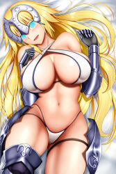  armor bed bikini bikini_bottom bikini_top blonde_hair blue_eyes blush breasts clam cleavage clothed_exposure fate/apocrypha fate/grand_order fate_(series) female_only femsub gloves glowing glowing_eyes happy_trance jeanne_d&#039;arc_(fate) large_breasts long_hair looking_at_viewer manip micro_bikini misterman4_(manipper) smile solo spiral_eyes swimsuit symbol_in_eyes 